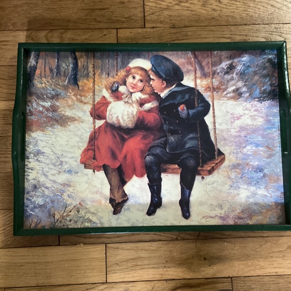 Vintage serving tray, 16 1/2 inches wide and 11 1/2 inches long greens border - Picture 1 of 6